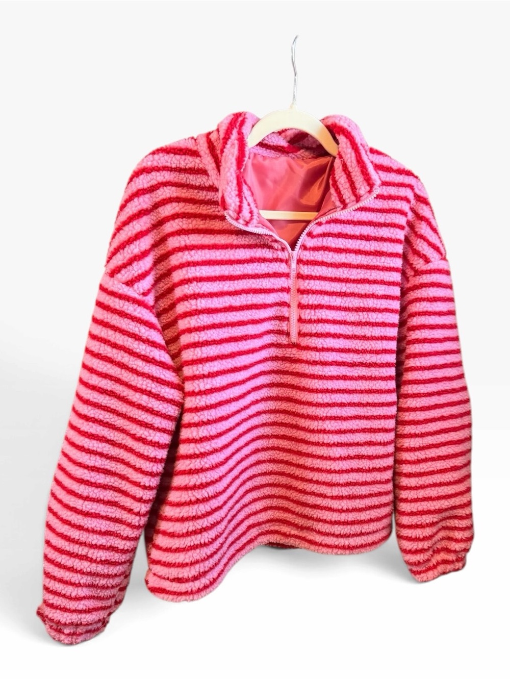 Pink Striped Half-Zip Sherpa Pullover